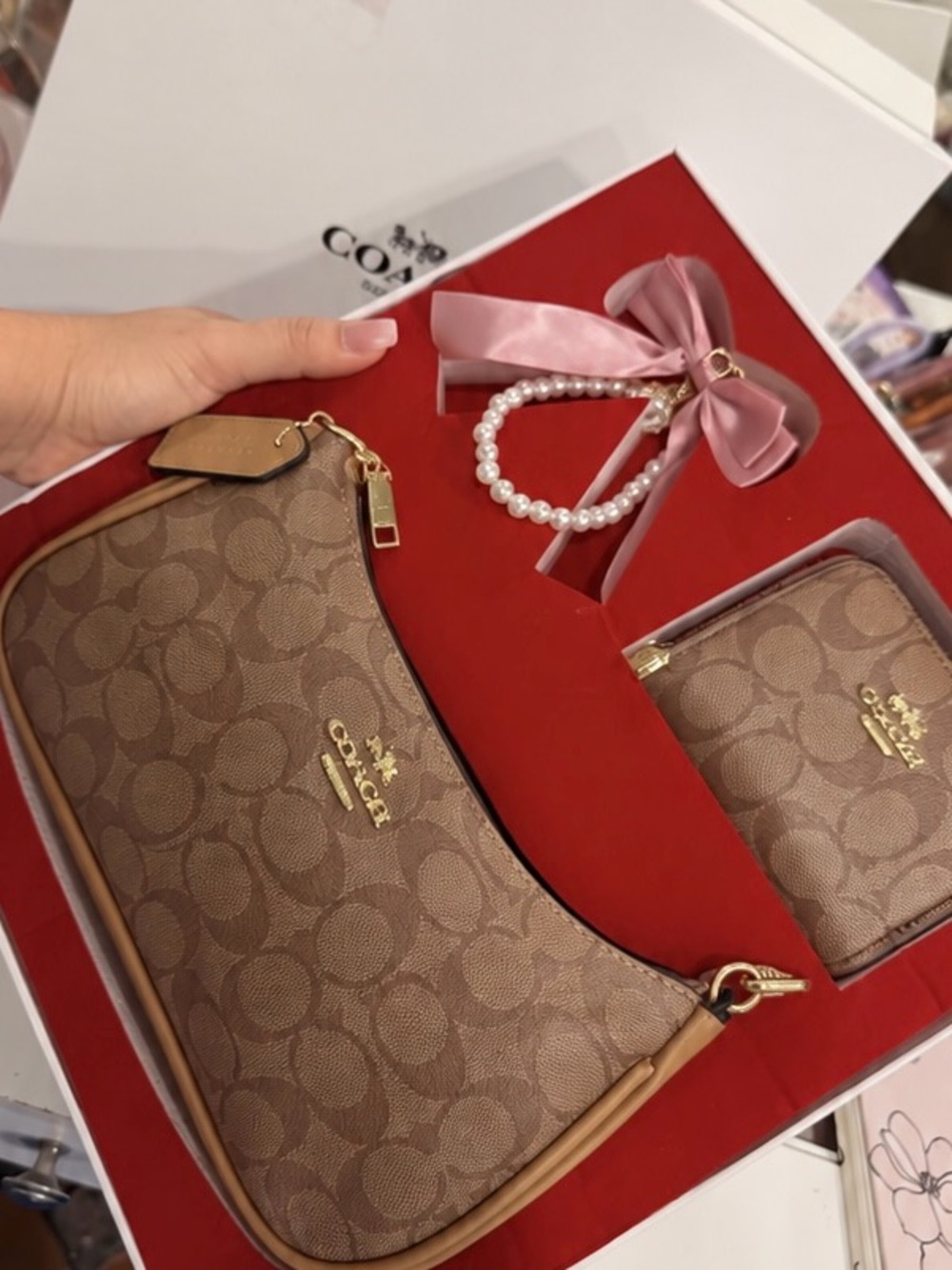 Coach Brown Signature Canvas Shoulder Bag with Matching Wallet and Pearl Charm